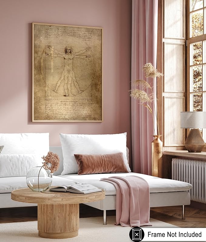 Poster Master Vintage Leonardo Da Vinci Poster - Retro Vitruvian Man Print - Drawing Art - Renaissance Art - Gift for Men & Women - Decor for Living Room, Bedroom or Office - 16x20 UNFRAMED Wall Art