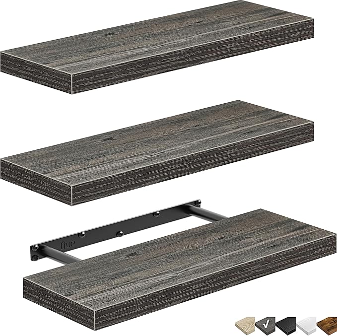 QEEIG Floating Shelves for Wall Bathroom Shelf Bedroom Kitchen Living Room Hanging Book Shelves Small Farmhouse Decor 16 inch Set of 3, Grey (015-GY3)