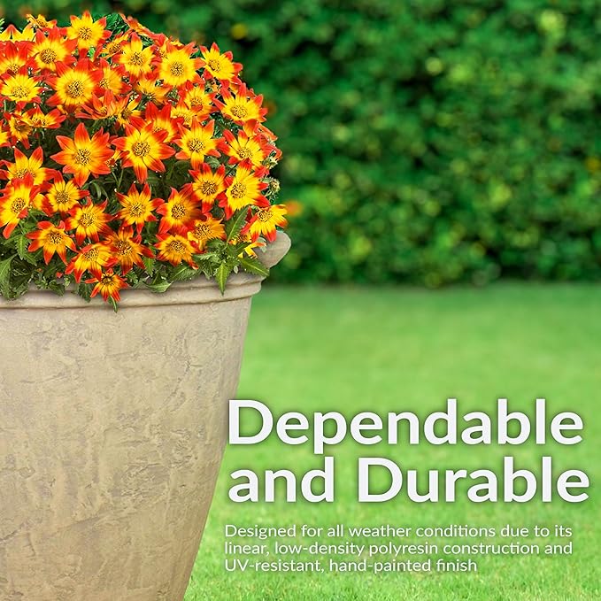 Sunnydaze 24-Inch Anjelica Large Plastic Pot for Plants - Outdoor Polyresin Round Planter with Drillable Drainage Holes - Beige