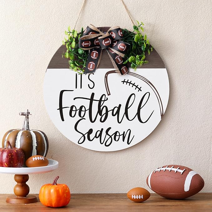 Hello Fall Football Sign for Front Door Thanksgiving Wooden Hanging Sign Fall Welcome Wreaths with Bow Turkey Farmhouse Wall Decoration for Home Autumn Harvest Front Porch Decor(Season)