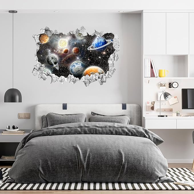 Large 3D Space Galaxy Wall Stickers (33.5”x 23.2”), Solar System Vinyl Wall Decals, Removable Universe Outer Space Planet Wall Art for Kids Bedroom Playroom Decor