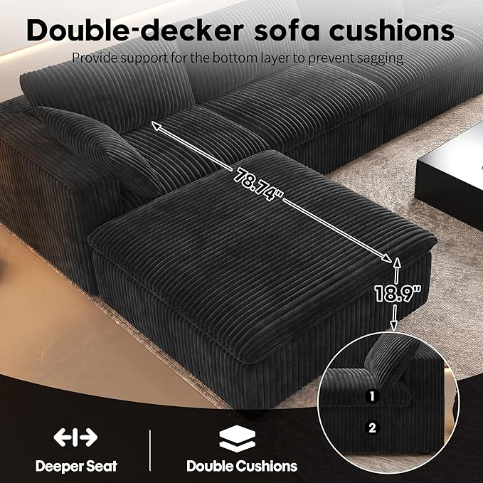 118" L Shaped Modern Sofa Modular Sectional Cloud Couch with Ottoman,Deep Seat Upholstered Couches with Plush Corduroy Fabric for Living Room Furniture,Bedroom and Apartment,No Assembly Required,Black