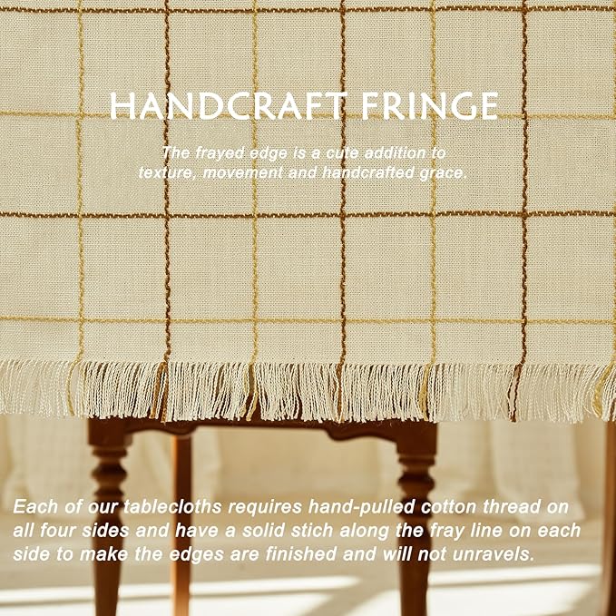 Table Cloth Rectangle Table-Rustic Cotton Tablecloth Craft Fringed Farmhouse Table Cloths for Kitchen Dining (55x102 Inch, Cream Plaid)