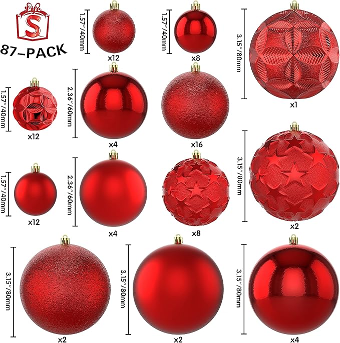 87ct Christmas Ball Ornaments Set Shatterproof Seasonal Hanging Decorations with Reusable Hand-held Gift Package for Xmas Tree Holiday Party and Home Decor, Red