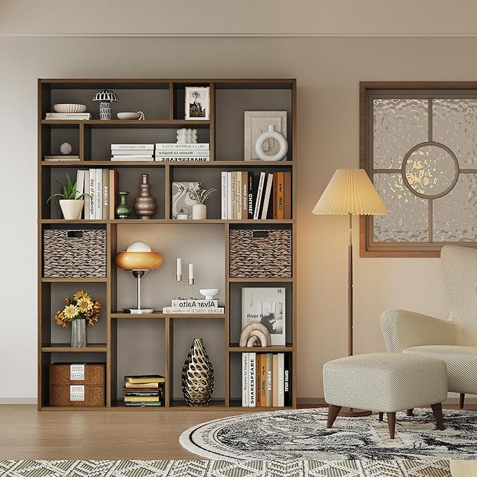 71” Tall Wooden Bookcase 6-Tier Large Bookshelves with 2 Woven Baskets, 55" Wide Floor Standing Wood Display Organizer Shelves for Living Room（Brown）
