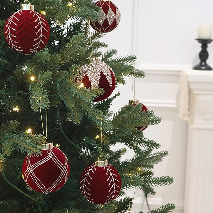4inch Velvet Ornaments for Christmas Tree, 9PCS Glitter Flocked Christmas Ornaments Decorations Balls Set Decor Red
