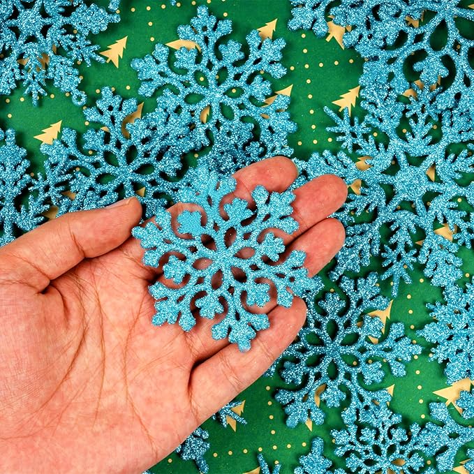 36pcs Christmas Light Blue Snowflake Ornaments Plastic Glitter Snow Flakes Ornaments for Winter Christmas Tree Decorations Size Varies Craft Snowflakes