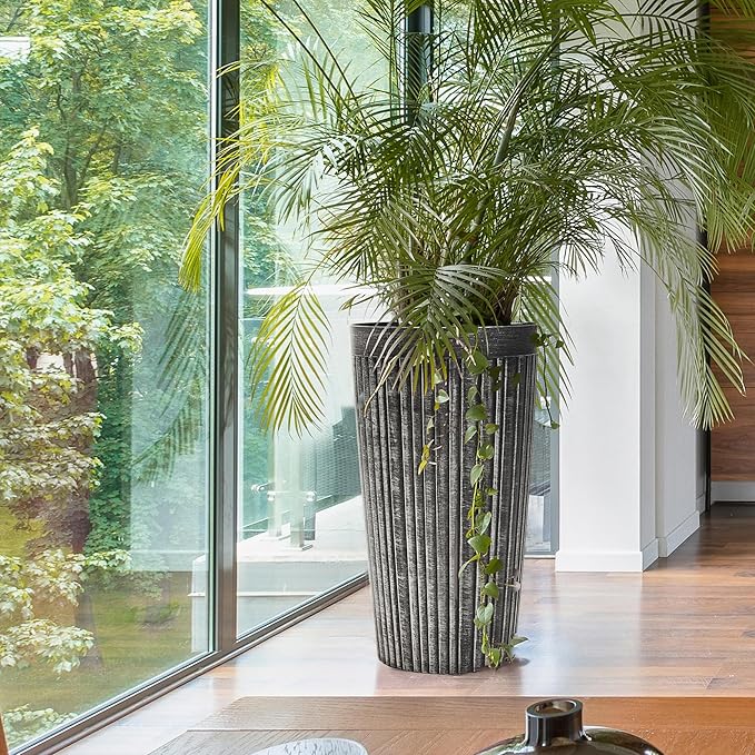 Worth Garden 22.5" H. Plastic Planters - Set of 2 Vintage Black Tall Conical Plant Pots for Indoor Outdoor Use - Decorative Lightweight Flower Pots for Front Porch, Patio, Deck - 12.5" Dia x 22.5" H