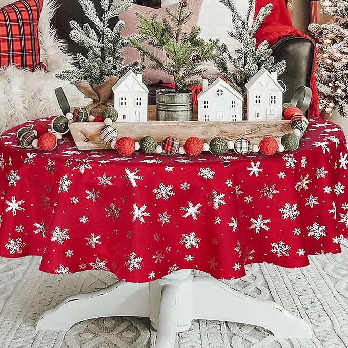 LUSHVIDA Christmas Tablecloth Round - 60inch Snowflakes Foil Print Pattern Washable Wrinkle Resistant Holiday Tablecloths for Christmas Family Gathering, Dining Room Table 130GSM