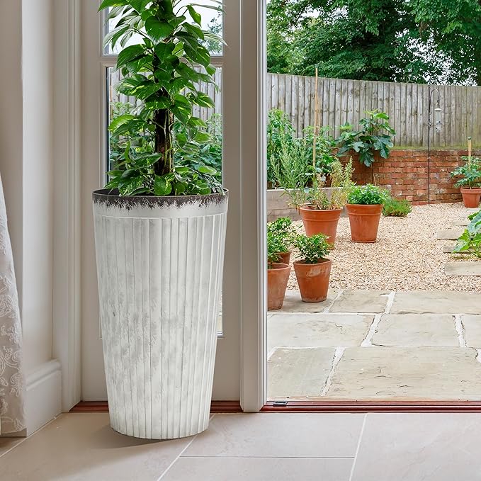 Worth Garden 22.5" H. Plastic Planters - Set of 2 Silver Color Tall Conical Plant Pots for Indoor Outdoor Use - Decorative Lightweight Flower Pots for Front Porch, Patio, Deck - 12.5" Dia x 22.5" H