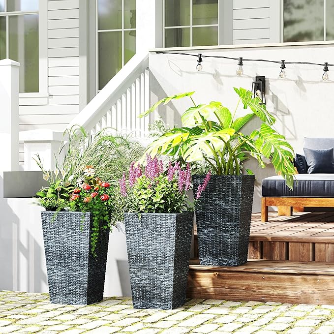 Outsunny Tall Planters for Outdoor Plants Set of 3, 24 in Taper Planters with Drainage Holes, Rattan Decor Plant Pots for Indoor Outdoor Front Porch Patio Backyard, Gray