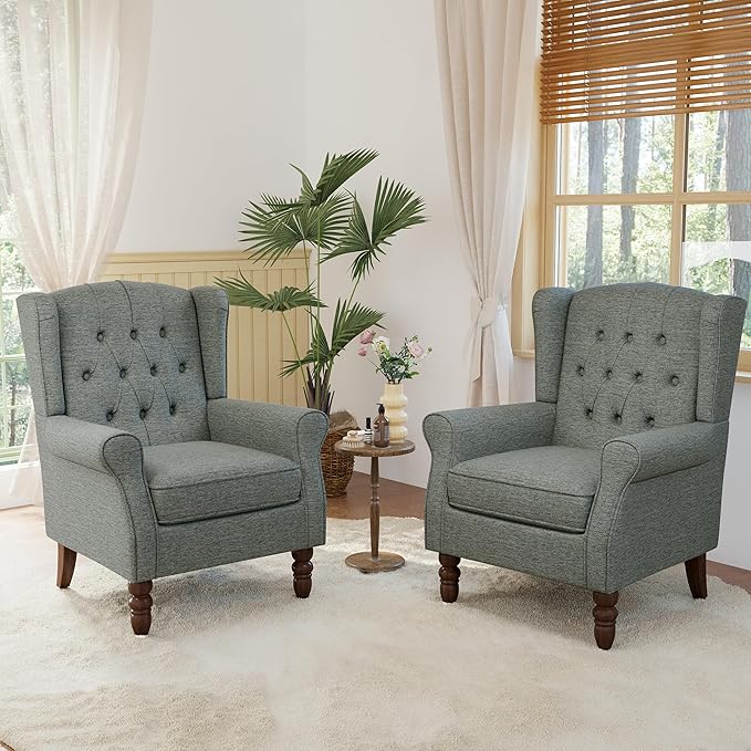 Lumibee High Back Accent Chair Set of 2,Upholstered Wingback Armchair with Solid Wood Legs for Small Spaces,Comfy Single Sofa Chair for Living Room,Bedroom,Office-Gray