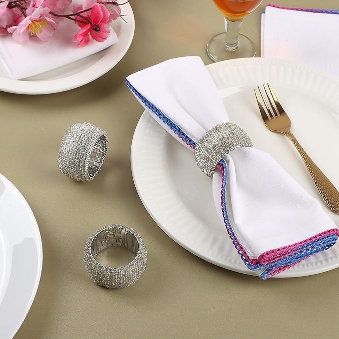 12 Pieces Plastic Bead Napkin Rings - Beaded Napkin Holders for Christmas, Thanksgiving, Holiday Party, Dinner PartyWeddings, Parties, Family Gatherings, and Table Décor(Silver)- ALPHA Living HOME