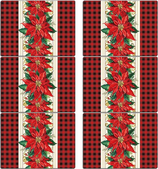 Christmas Poinsettia Placemats Set of 6 Red Watercolor Poinsettia Plastic Table Mats Christmas Xmas Red Flower Place Mats Winter Holiday Table Decoration for Indoor Outdoor Party Kitchen Dining