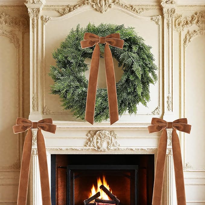 Senjie Velvet Large Christmas Bows for Staircase Garland Wreath, 20in x 8in Vintage Ribbon Bows with Twist Tie for Xmas Tree Holiday Indoor Outdoor Decorations (6Pcs, Light Brown)