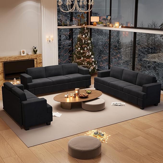 3 Pieces Corduroy Couch Set for Living Room, 8 Seats Cloud Sofa, Deep Seat Floor Couch for Bedroom, Futon Modern Sofa Sectional Bed, Black Corduroy