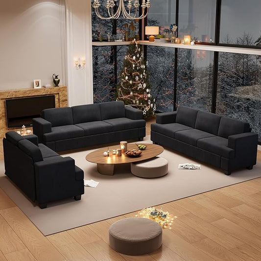 3 Pieces Corduroy Couch Set for Living Room, 8 Seats Cloud Sofa, Deep Seat Floor Couch for Bedroom, Futon Modern Sofa Sectional Bed, Black Corduroy