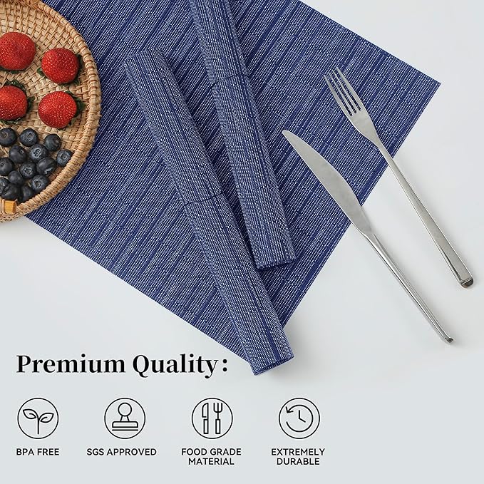 Leetaltree Blue Placemats Set of 8 - Heat Resistant Non-Slip Place mats for Dining Table, Washable Durable PVC Vinyl Woven Table Mats（Blue, 8）