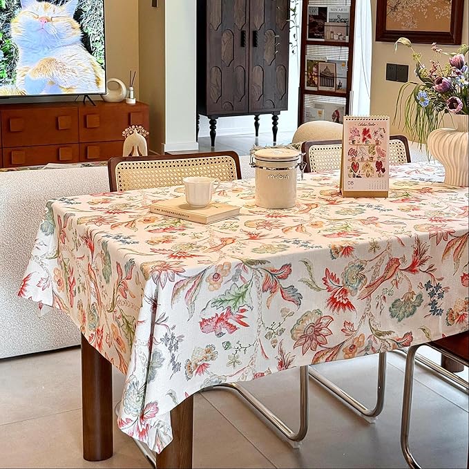 Outdoor Rectangle Tablecloth Linen Textured Waterproof Spillproof Table Cloth, Wrinkle Free Decorative Fabric Table Cover for Farmhouse, Dining, Wedding, Party - 54"x72", Flowers and Birds