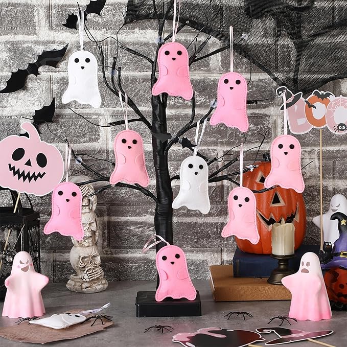 12 Pcs Pink Halloween Felt Ornaments Cute Ghost 3D Hanging Ornaments 3.15 Inch Pink White Halloween Tree Decorations for Small Tree Party Decor