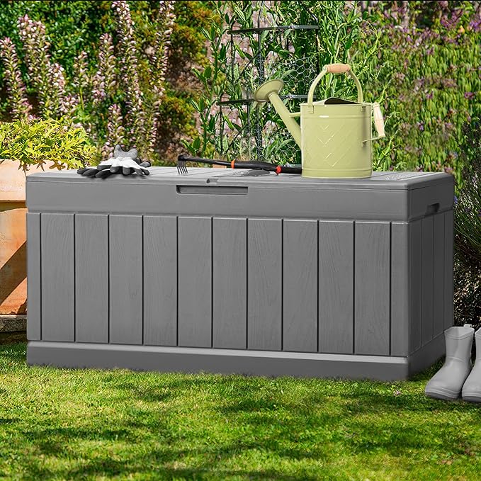 JUMMICO 83 Gallon Outdoor Deck Box Large Resin Storage Box for Patio Furniture Cushions, and Garden Tools (Gray)