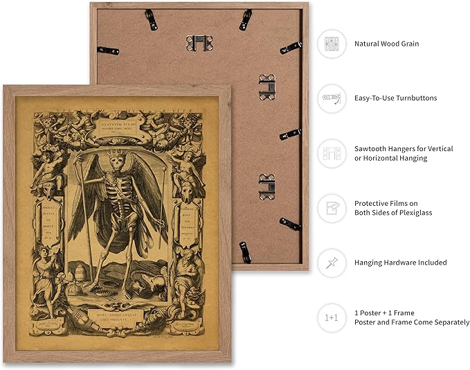 Poster Master Vintage Medieval Poster - Retro Gothic Print - Gift for Artist, Friend - Angel of Death, Memento Mori, Life, Skeleton, Dark - Wall Decor for Home, Living Room, 16x20 Beige Framed