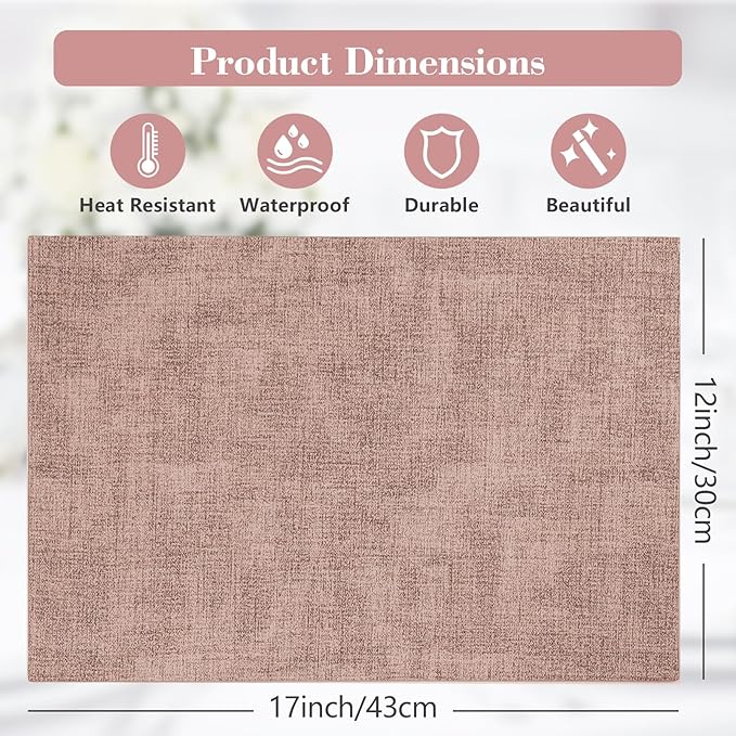 Faux Leather Placemats Set of 6,Heat Resistant Placemats for Dining Table, Easy Clean Non-Slip Place Mats, Waterproof Stain Resistant Wipeable Washable PU Table Mats, (Pink)