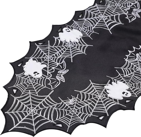 Chlophy Halloween Table Runner Black Spider Web Table Runner Gothic Embroidered for Kitchen Dining Halloween Décor Home Party Table Decoration 36in