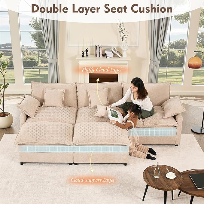 108" U Shaped Couch, Modular Sectional Sofa, 3-Seater Comfy Cloud Couch with Movable Ottoman, Deep Seat Couches for Living Room, Chenille, Flat White
