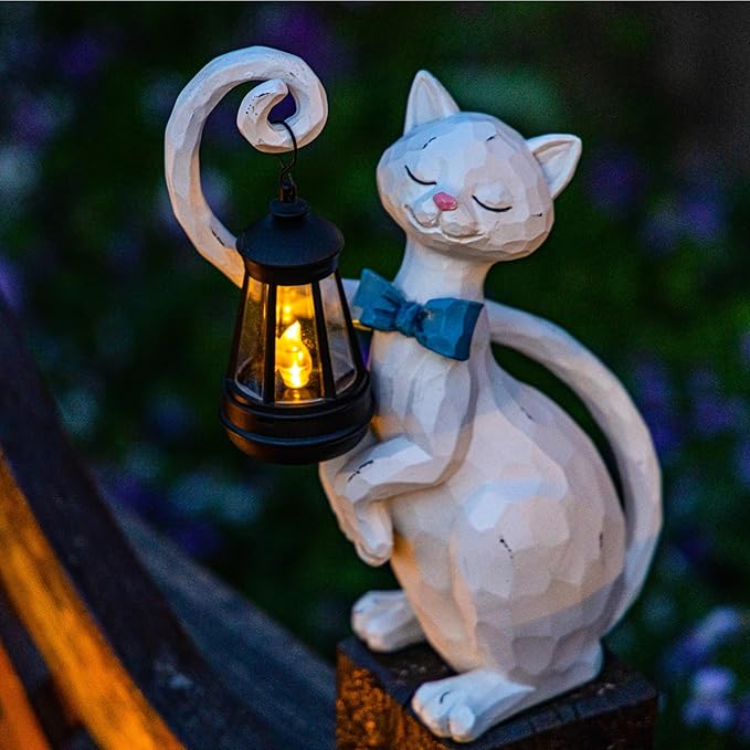WHIMSYNOOK 10.7" White Cat Solar Garden Light Statue – Outdoor Garden & Yard Decor, LED Lantern, Gift for Cat Lovers