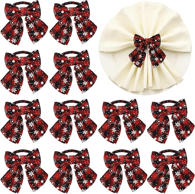 LemonRoad 12 Pcs Christmas Buffalo Plaid Snowflakes Napkin Rings Bulk Xmas Napkin Holder Rings Buckle for Holiday Birthday Party Anniversary Dinner Wedding Dining Table Decoration(Red Black Plaid)
