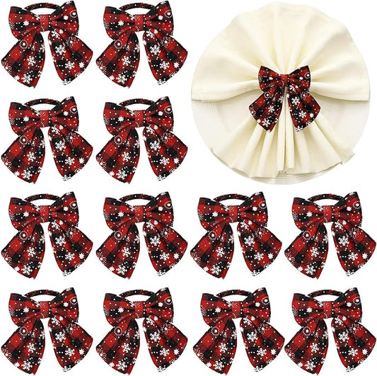 LemonRoad 12 Pcs Christmas Buffalo Plaid Snowflakes Napkin Rings Bulk Xmas Napkin Holder Rings Buckle for Holiday Birthday Party Anniversary Dinner Wedding Dining Table Decoration(Red Black Plaid)
