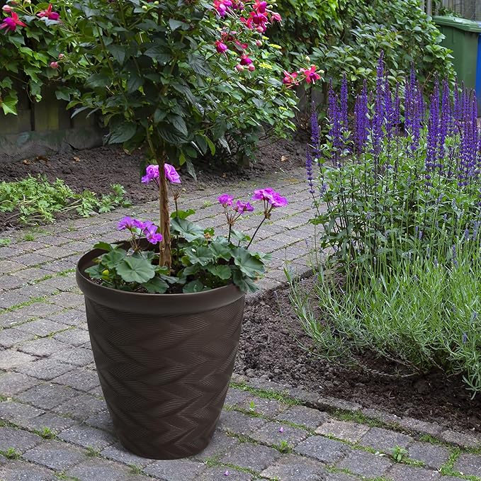 Worth Garden 2-Pack 16" Large Round Planter - Weave Pattern Lightweight Plastic Plant Pot 16" x 17.5" for Indoor Outdoor Use - Decorative Containers for Front Porch Home Yard Deck Patio - Dark Brown
