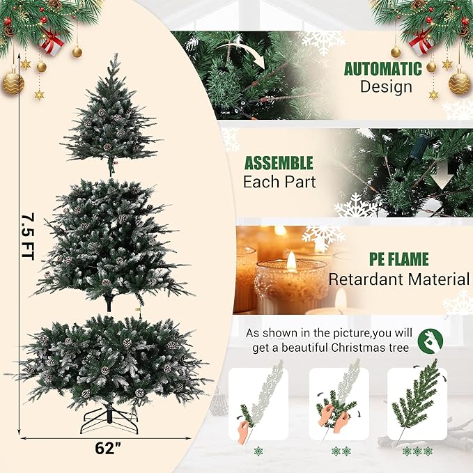 7.5 FT Snow Flocked Christmas Tree with 450 Warm Lights-8 Modes, Prelit Christmas Trees with Pine Cone & Gloves, Metal Folding Stand, Full Artificial Xmars Tree for Home Decor, Norway Spruce, Green