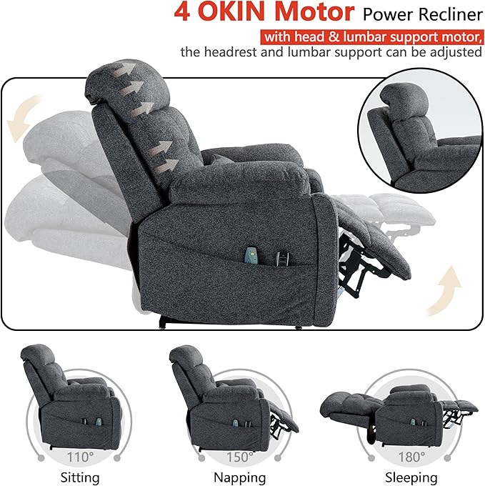 4 OKIN Motor Power Lay Flat Lift Recliner Chair for Elderly Adults Oversized Recliners with Massage Heat, Adjustable Head-Back-Lumbar-Leg-Support, Extended Footrest, 2 Cup Holders