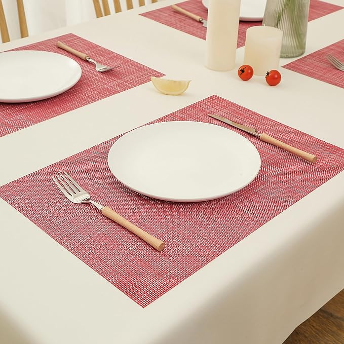 Leetaltree Red Placemats Set of 12 - Heat Resistant Non-Slip Place mats for Dining Table, Washable Durable PVC Vinyl Woven Table Mats（Red, 12）