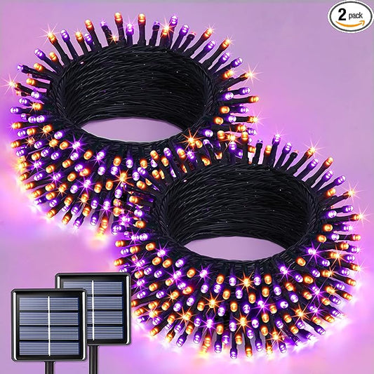 JMEXSUSS Orange and Purple Solar Halloween Lights, 2 Pack Total 400 LED Solar String Lights Outdoor Waterproof, 8 Modes Halloween Light for Outside Patio Yard Tree Decorations