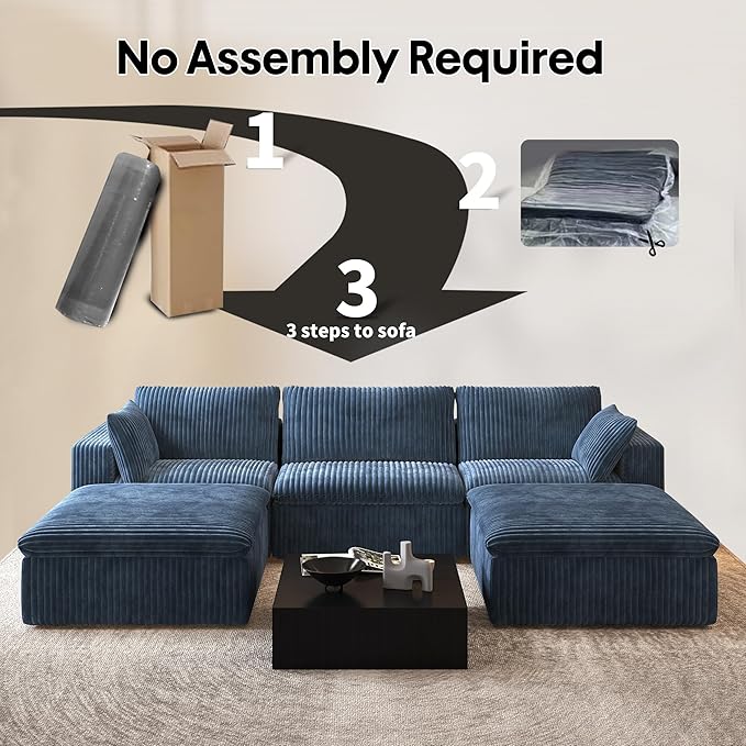118" U Shaped Modern Sofa Modular Sectional Cloud Couch with 2 Ottoman,Upholstered Couches with Plush Corduroy Fabric for Living Room Furniture,Bedroom and Apartment,No Assembly Required,Blue