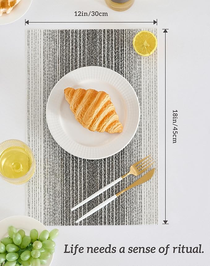 Leetaltree Black with White Woven Placemats Set of 6 - Heat Resistant Non-Slip Place mats for Dining Table, Washable Durable PVC Vinyl Woven Table Mats(Black with White, 6)