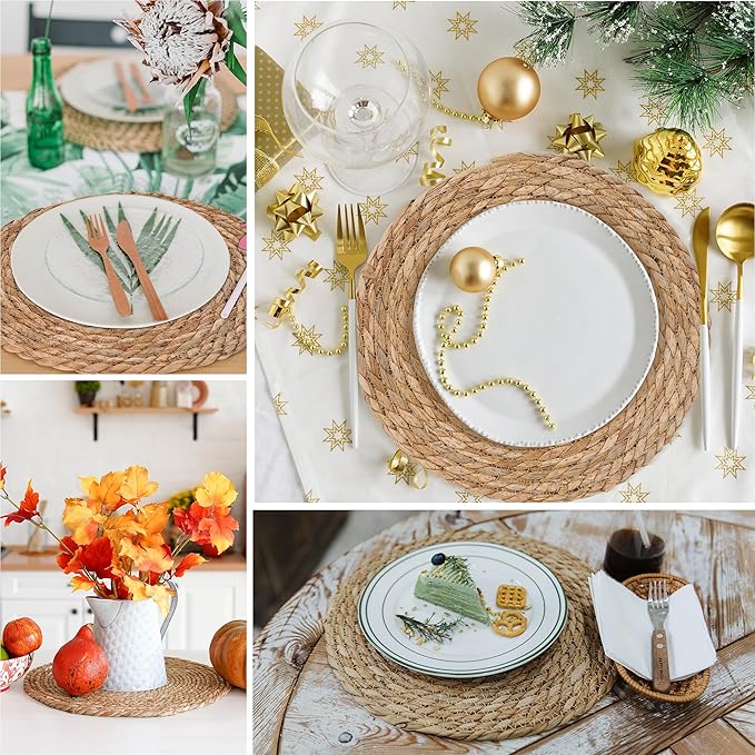Defined Deco Woven Placemats Set of 10, 13" Round Rattan Placemats,Natural Hand-Woven Water Hyacinth, Farmhouse Weave Place Mats, Rustic Braided Wicker Table Mats for Dining Table, Home, Wedding