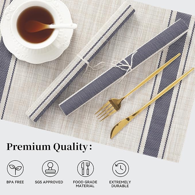 Leetaltree Khaki-Blue Placemats, Heat Resistant Non-Slip Place mats for Dining Table, Washable Durable PVC Vinyl Woven Table Mats (Set of 12)