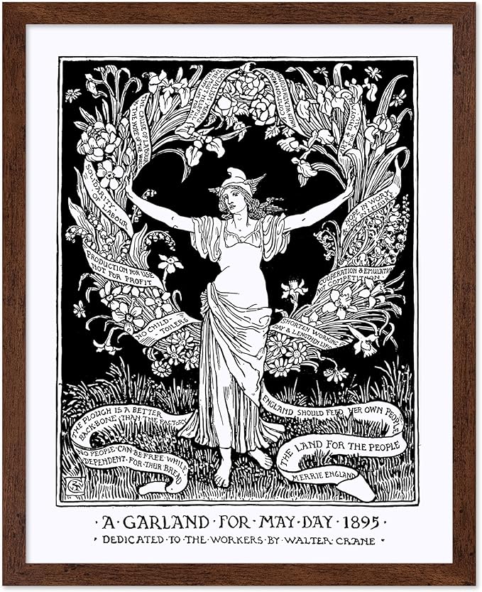 Poster Master Vintage Walter Crane Poster - Retro A Garland for May Day Print - Socialist Art - Gift for Him, Her, Men, Women - Wall Decor for Home, Office, Living Room, 8x10 Brown Framed