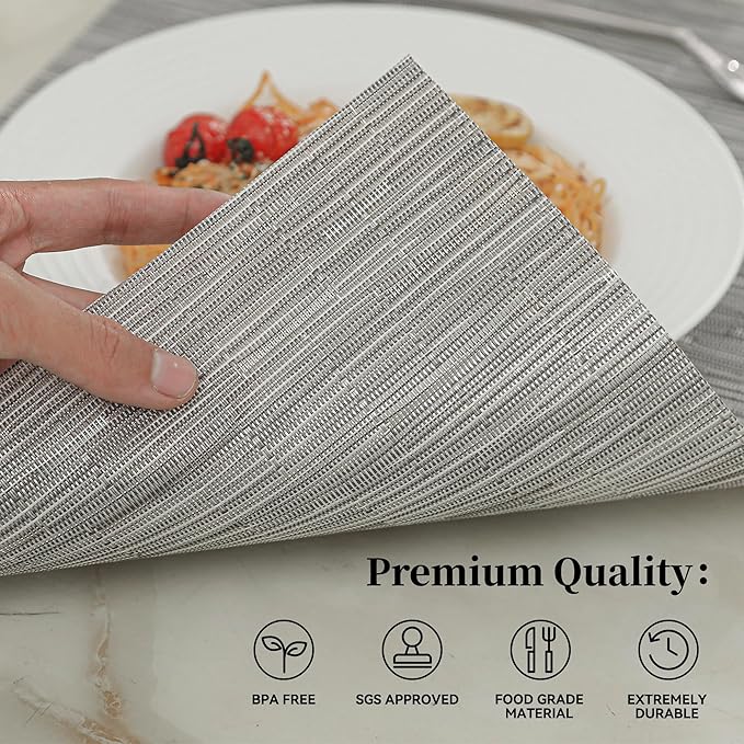 Leetaltree Silver Placemats Set of 4 - Heat Resistant Non-Slip Place mats for Dining Table, Washable Durable PVC Vinyl Woven Table Mats（Silver, 4）