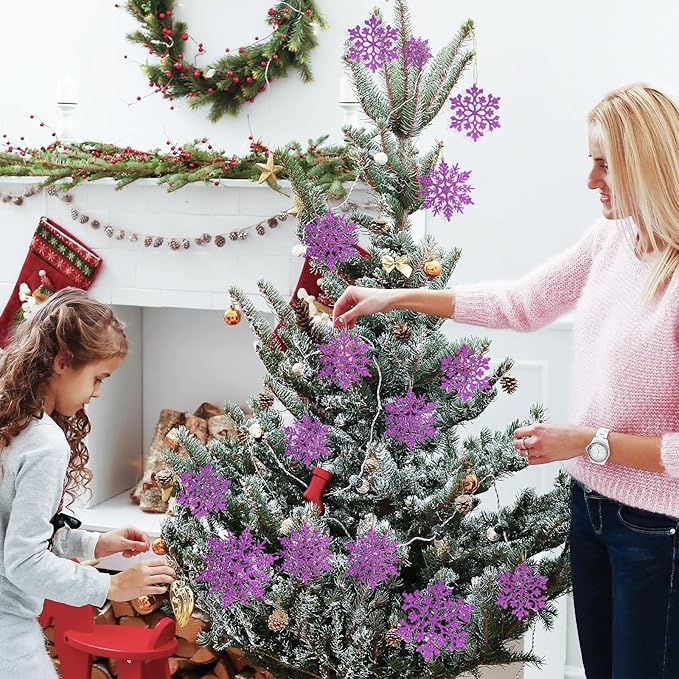 36pcs Christmas Light Purple Snowflake Ornaments，Plastic Light Purple Snow Flakes Hanging Ornaments for Christmas Tree Decor Winter Wonderland Frozen Birthday Party Holiday Home Decor Craft Snowflake