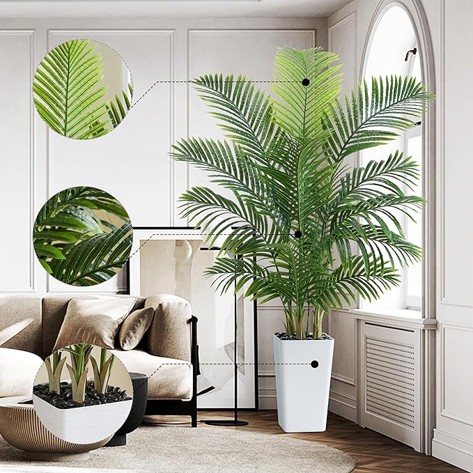 Artificial Palm Tree 5FT - Tall Fake Tree with White Taper Planter & Pebbles, UV Resistant for Indoor & Outdoor, Large Potted Faux Plant, Tropical Areca Floor Plant for Living Room, Office, Home Decor