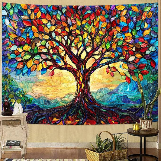Lunerfex Tree of Life Tapestry Stained Glass Tapestry Wall Decor Tapestries for Bedroom Art Tapestries Wall Hanging for Bedroom Living Room Glass-Tree-01 60"x80"