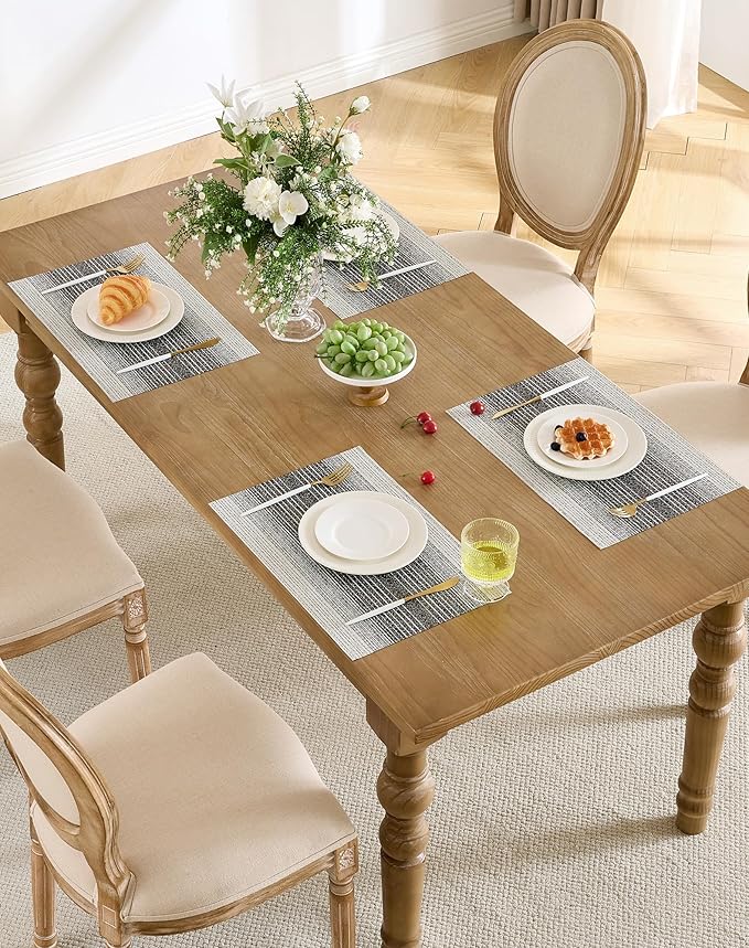 Leetaltree Black with White Woven Placemats Set of 8 - Heat Resistant Non-Slip Place mats for Dining Table, Washable Durable PVC Vinyl Woven Table Mats(Black with White, 8)