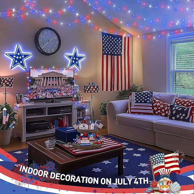 JMEXSUSS 600 LED Red White and Blue Lights Outdoor Plug in, 4th of July Decorations Outdoor Lights for Memorial Day Patriotic American Holiday Tree Party Independence 4th of July Decor