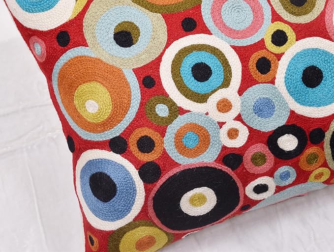 Lumbar Red Polka Dots Decorative Pillow Cover Contemporary Pillowcase Farmhouse Chair Cushion Modern Outdoor Pillowsham Couch Cushion Hand Embroidered Wool Size - 14x20