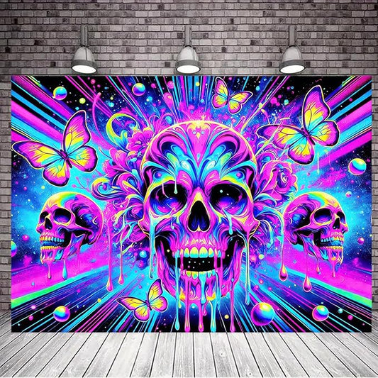BlissYard Blacklight Skull Butterfly Tapestry 78x59 Inch UV Reactive Wall Art for Bedroom Living Room Decor